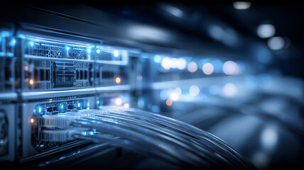 Network cables connected to a data center server, representing high speed connectivity cloud infrastructure and the backbone of digital transformation.
