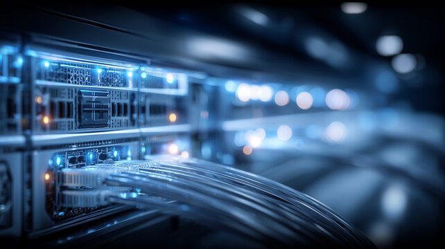 Network cables connected to a data center server, representing high speed connectivity cloud infrastructure and the backbone of digital transformation.
- Powered by Adobe