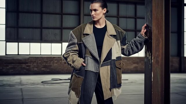 Woman in oversized patchwork coat