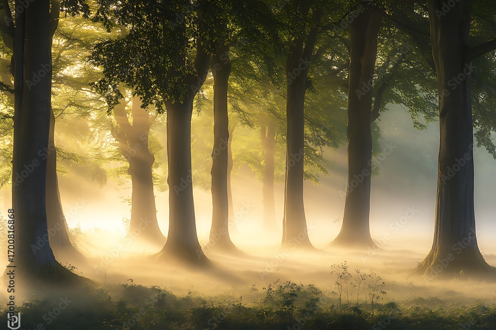 Poster foggy forest at dawn, towering trees wrapped in mist with soft light creating a mysterious atmospher