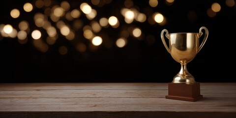 Golden trophy on wooden table with defocused sparkling lights in background
