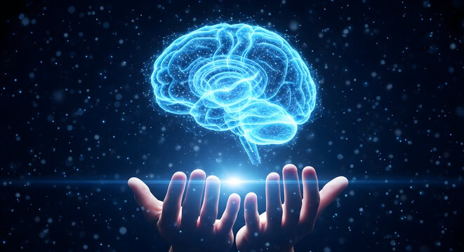 Holographic Brain Projection Hovering Above Open Hand with Digital Neural Network Overlay — Futuristic AI and Brain-Computer Interface Concept