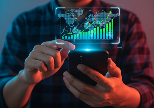 Man holding smartphone with futuristic financial graph and world map overlay, digital technology concept