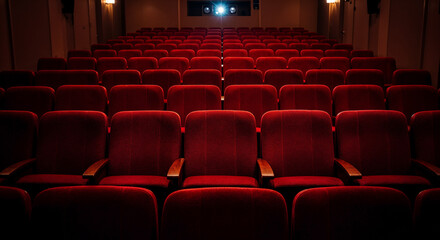 Fototapeta premium Empty red velvet theater seats receding into depth