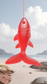 A bright red fish hangs suspended by a thin line over a serene beach scene