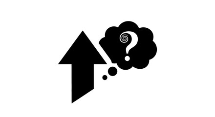 Black arrow pointing up with a question mark in a thought bubble silhouette isolated on white background