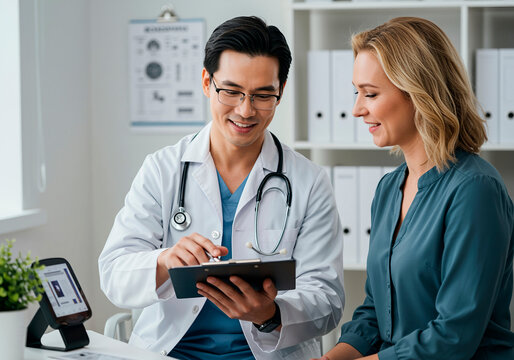 Doctor consulting female patient in modern clinic, reviewing notes on clipboard, healthcare consultation, horizontal