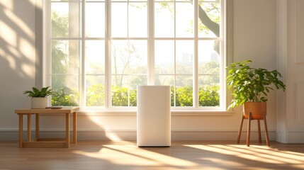 Modern air purifier in a sunlit living room space