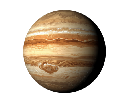 Detailed representation of the gas giant Jupiter in deep space with its swirling clouds