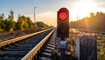 Railroad tracks with a red warning signal at sunrise, showcasing a tranquil countryside scene.