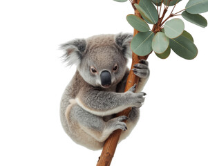 Obraz premium Adorable koala clinging to eucalyptus branch isolated showing its charming and endearing nature