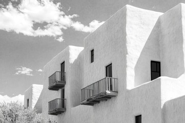 Historic adobe buildings in a desert landscape
