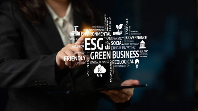 A professional using digital technology to showcase ESG principles focusing on sustainability and ethical business practices for future development and investment. Tessel