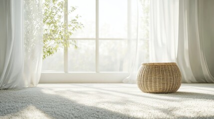 Bright sunlight fills a cozy room with greenery