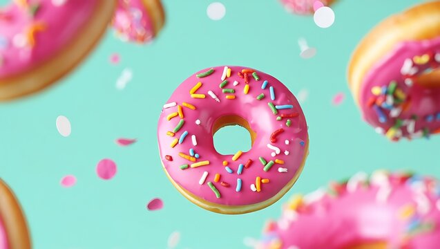 Delicious Pink Donuts with Colorful Sprinkles Floating in a Sweet Celebration on Blue Background - Powered by Adobe