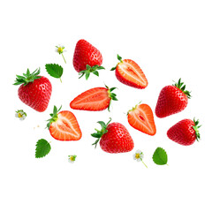 whole strawberries and floating strawberry pieces,leaf,isolated,ripe 