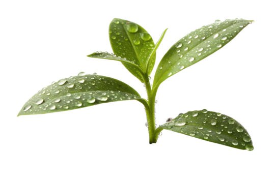 A single green seedling with clear water droplets on its leaves, symbolizing new life and growth in a pristine environment
