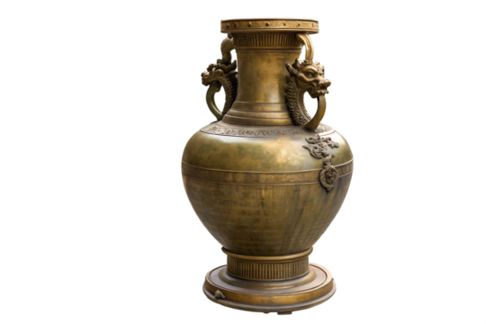 Exquisite antique bronze vase with intricate dragon handles, a symbol of ancient craftsmanship and cultural heritage, perfect for decorative display