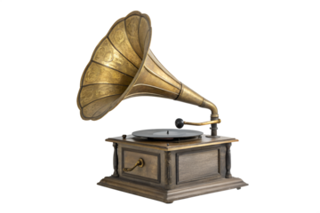 Antique Gramophone With Large Brass Horn On A Wooden Box Base, A Classic Vintage Music Player From The Past