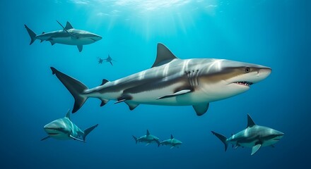 Obraz premium Magnificent sharks gliding through serene azure ocean depths, bathed in sunlight shafts