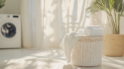 Bright laundry area with fresh towels and plants