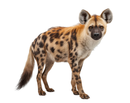 Striking portrait of a spotted hyena against a plain isolated backdrop revealing its markings