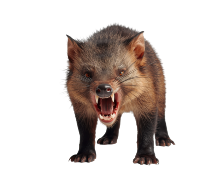 Menacing Tasmanian Devil Displaying Ferocious Teeth in a Threatening Posture on a Plain Background