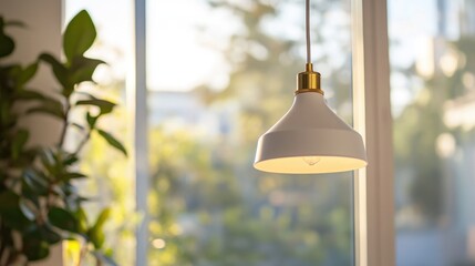 Bright pendant light in a cozy indoor space