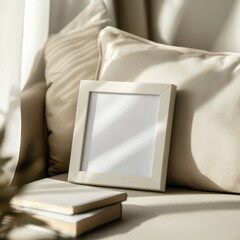 Cozy corner with a blank photo frame and books