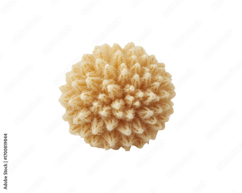 Poster macro close-up of a unique beige spherical flower with intricate textures and details isolated