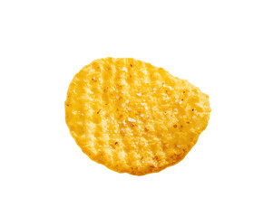 Macro photography showcasing a single, golden-colored corn chip with visible salt grains and ridges