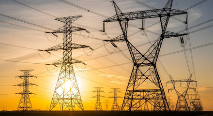 High-Voltage Transmission Towers at Sunset Over Rolling Landscape with Golden Sunflare