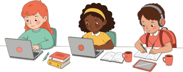 Children studying together at table, diverse students using laptops, writing in notebooks, educational teamwork, school learning, homework, classroom