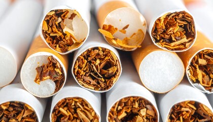 Close-up view of multiple cigarettes, showcasing the tobacco filling within the paper.