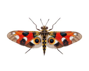 Macro shot of a stunningly colorful day flying moth with intricate wing patterns and vibrant hues