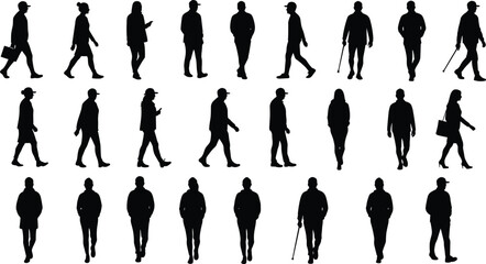Silhouettes of diverse walking people, men and women, casual and business style, using cane, carrying briefcase, urban life vector illustration, black figures