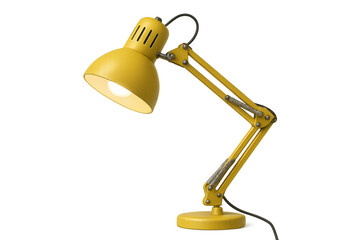 Yellow articulated desk lamp illuminating a transparent background