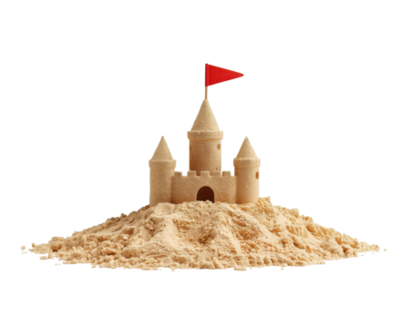 Majestic sandcastle with a striking red flag atop its tower against a mysterious setting