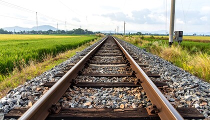 Naklejka premium Railroad tracks stretch across a vast expanse of rice paddies, disappearing into the horizon under a bright, light-filled sky.