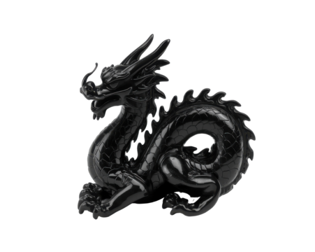 Mystical allure, glossy obsidian dragon sculpture with intricate detailing and captivating gaze