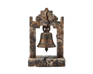 Ornate temple bell in distressed stone frame with intricate carvings on a neutral setting