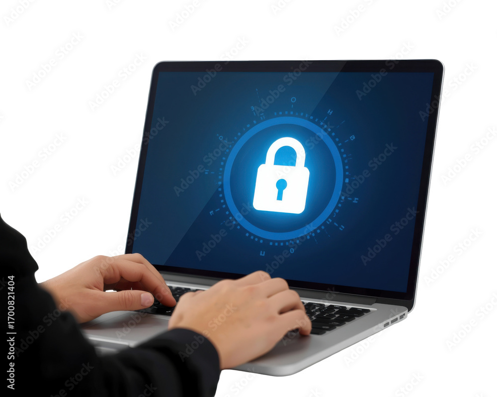 Aufkleber person using a laptop with a digital lock on the screen emphasizing internet security measures
