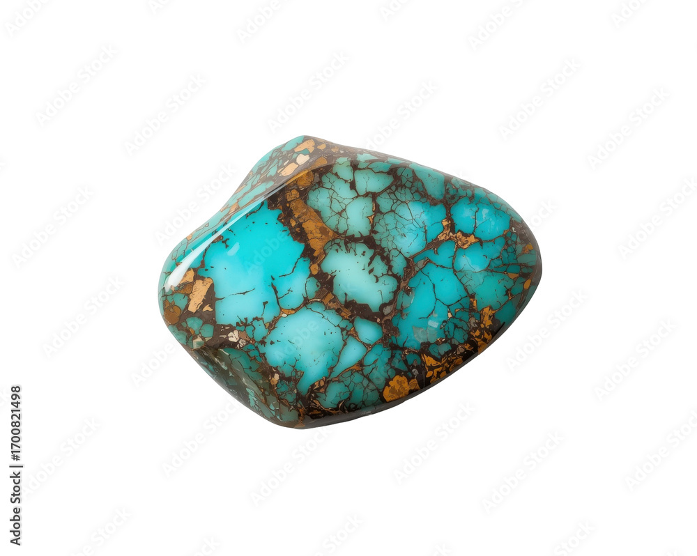 Poster polished turquoise stone displaying unique coloration and matrix veining against a void scene