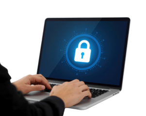 Person using a laptop with a digital lock on the screen emphasizing internet security measures