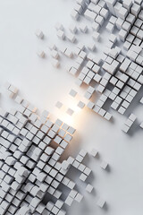 Abstract design of white cubes, light emanating from center.
