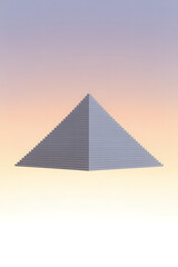 Gray pyramid, simple design, against pastel sky.
