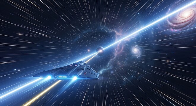 Futuristic spaceship hurtling through a cosmic wormhole navigating galaxies far away