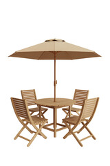 Beige umbrella shades a light brown outdoor dining set.
