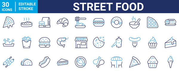 Fast Food Related Vector Line Icons. Street food. Contains such Icons as Pizza, Tacos, Chips and more. Editable Stroke.