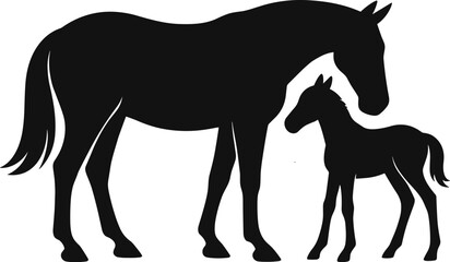 vector silhouette, mare with foal standing close, side profile, solid black